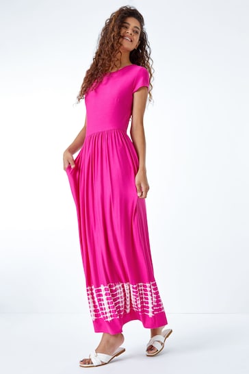Roman Pink Tie Dye Border Print Stretch Maxi Dress