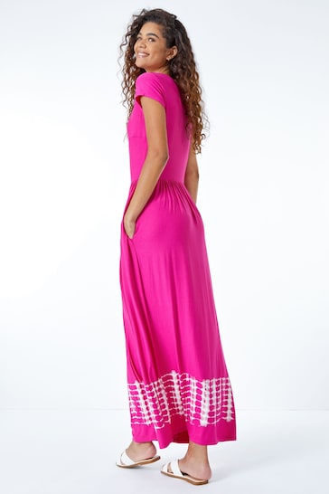 Roman Pink Tie Dye Border Print Stretch Maxi Dress