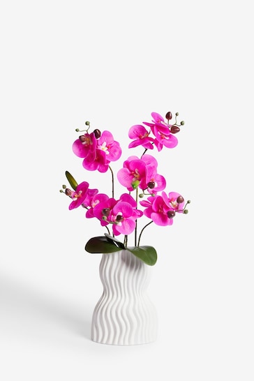 Pink Artificial Real Touch Orchid In White Pleated Pot