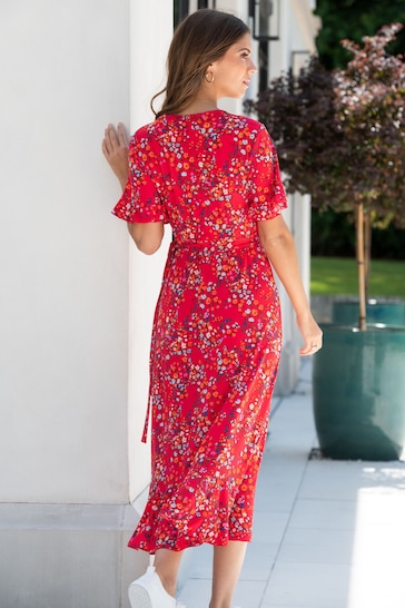 Pour Moi Red Multi Print Megan Fuller Bust Slinky Jersey Frill Detail Midi Wrap Dress