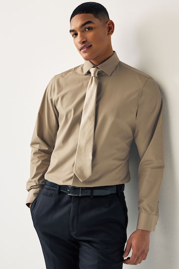 Neutral Brown Single Cuff Shirt And Tie Pack
