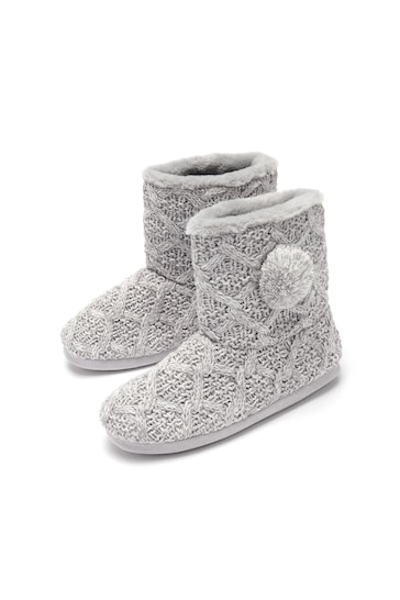 Pour Moi Grey Cable Knit Faux Fur Lined Bootie Slippers