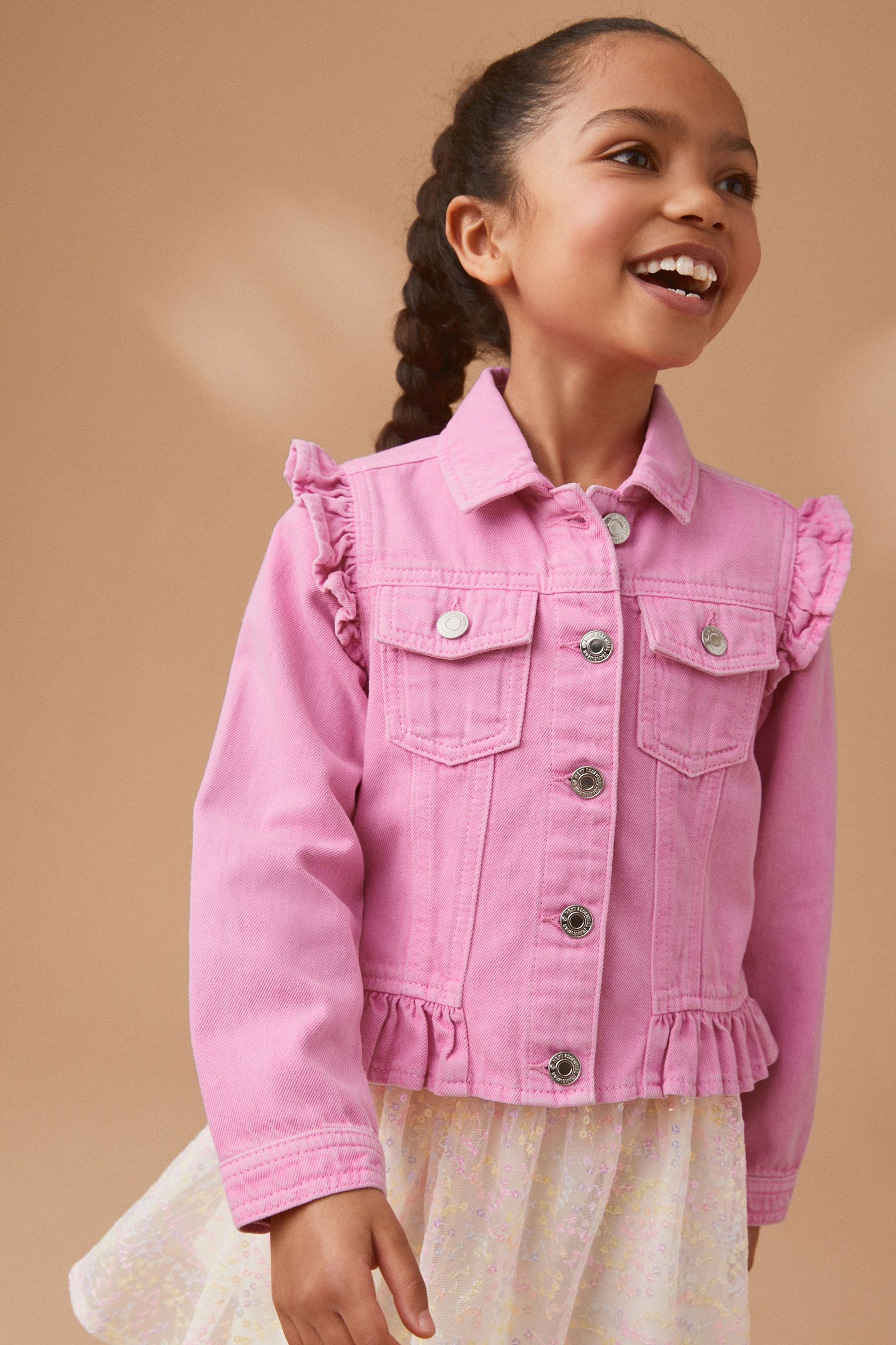 Buy Bright Pink 100 Cotton Frill Shoulder Denim Jacket 3 16yrs from the Next UK online shop