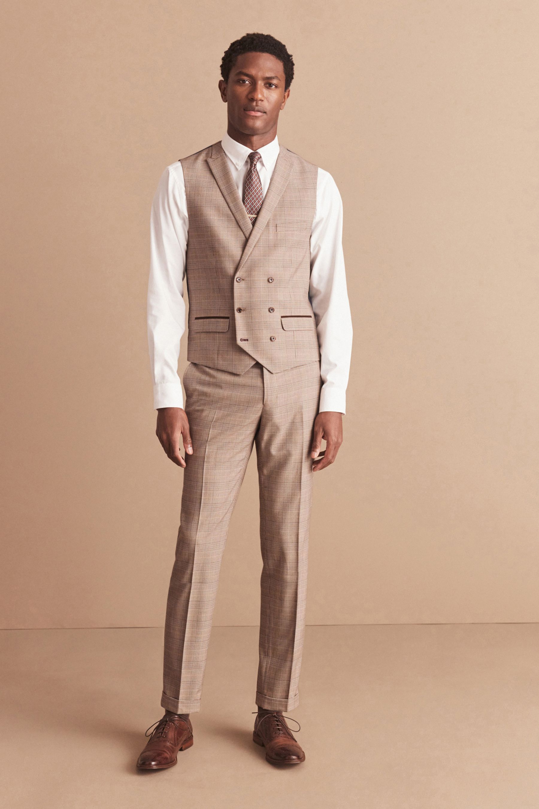 Taupe Check Suit Waistcoat