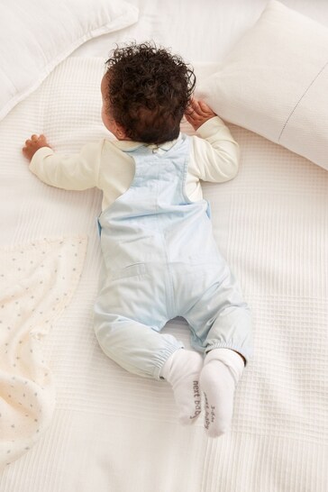 Pale Blue Smart Woven Baby 2 Piece Dungarees With Collared Bodysuit (0mths-3yrs)