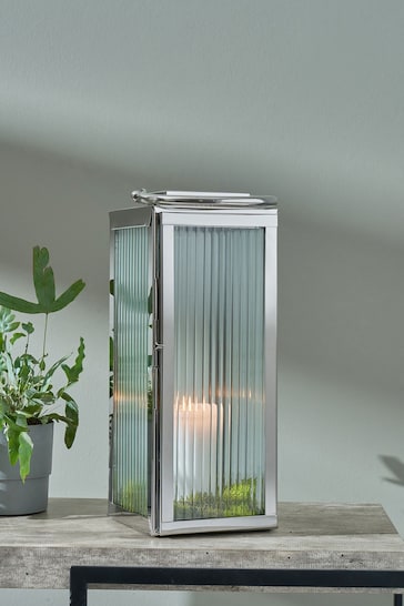 Pacific Silver/White Shiny Nickel Ribbed Glass Small Lantern