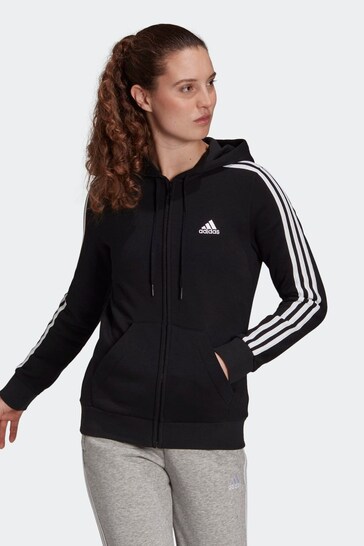 adidas Black Essentials Fleece Three-Stripes Full-Zip Hoodie