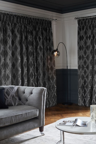 Charcoal Grey Next Collection Luxe Heavyweight Geometric Cut Velvet Pencil Pleat Lined Curtains