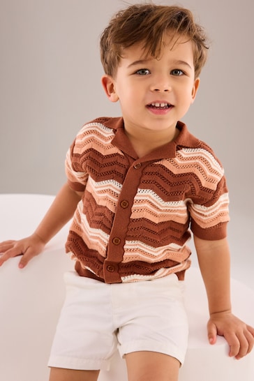 Brown/Cream Crochet Pattern Short Sleeved Polo Shirt (3mths-7yrs)