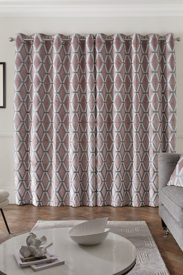 Blush Pink Collection Luxe Heavyweight Geometric Cut Velvet Lined Eyelet Curtains