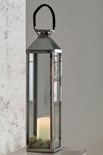 Pacific Silver/White Shiny Nickel Stainless Steel Large Glass Square Lantern