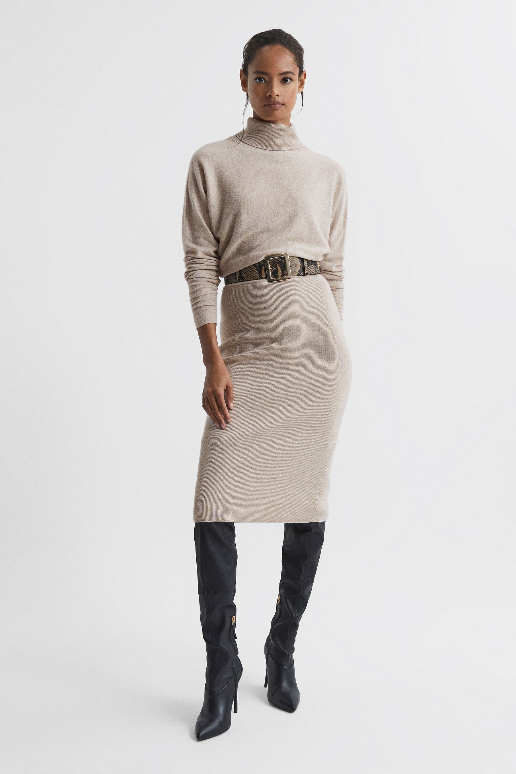 Buy Reiss Oatmeal Fallon Wool Blend Roll Neck Dress from the Next