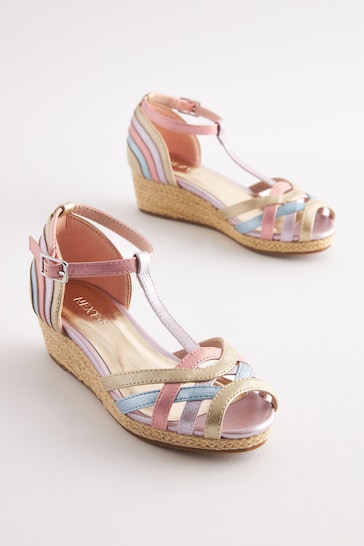 Pastel Rainbow Woven Wedge Ankle Strap Sandals