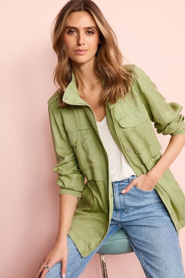 Soft Khaki Green Relaxed Utility Jacket Printed with Patch Pockets