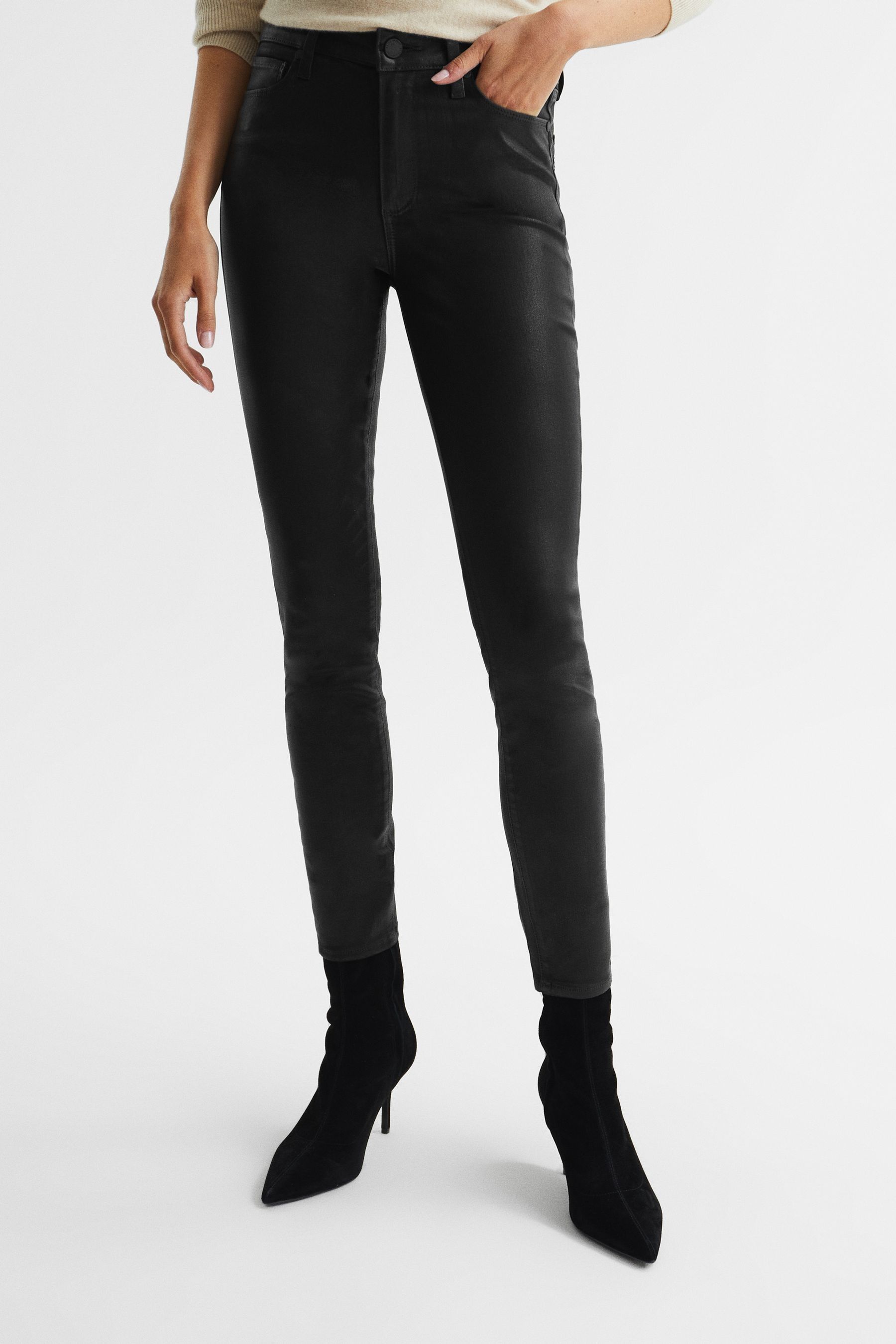 Reiss Black Hoxton PAIGE Coated Skinny Jeans