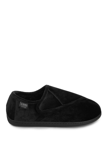 Totes Black Isotoner Mens Velour Closed Back Slippers With Velcro Opening