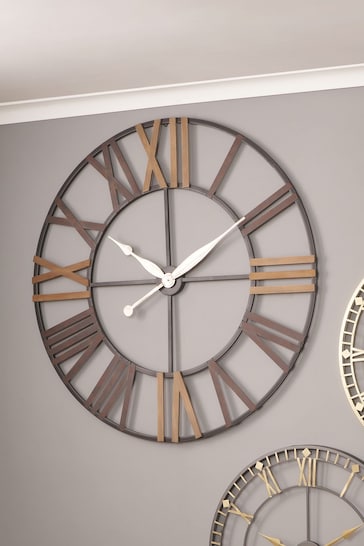 Pacific Grey Antique Metal and Wood Round Wall Clock