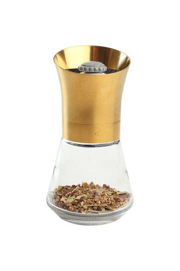 T&G Gold Spice Mill with Deco Gold Top & Glass Base