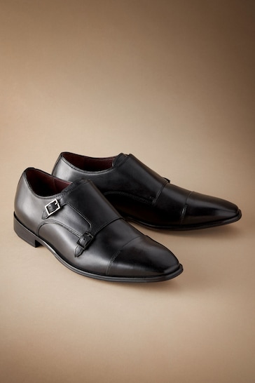 Black Signature Italian Leather Double Monk Shoes