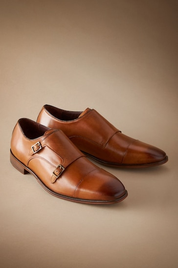 Tan Brown Signature Italian Leather Double Monk Shoes