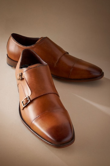 Tan Brown Signature Italian Leather Double Monk Shoes