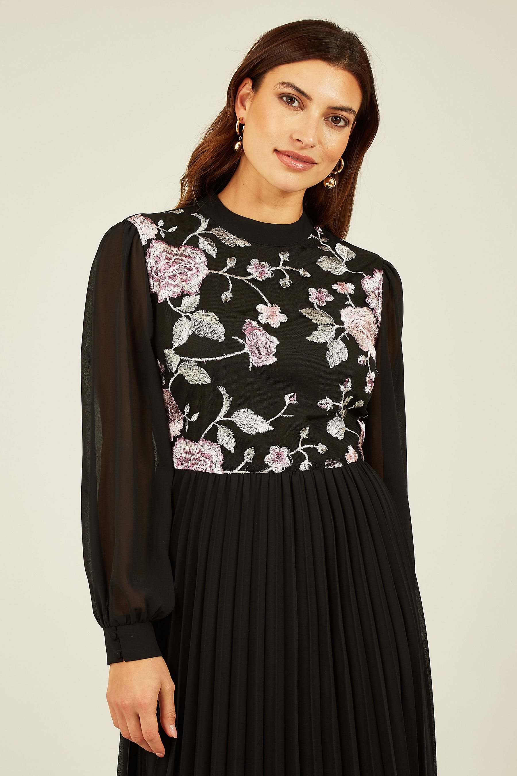 Black long sleeve embroidered dress clearance