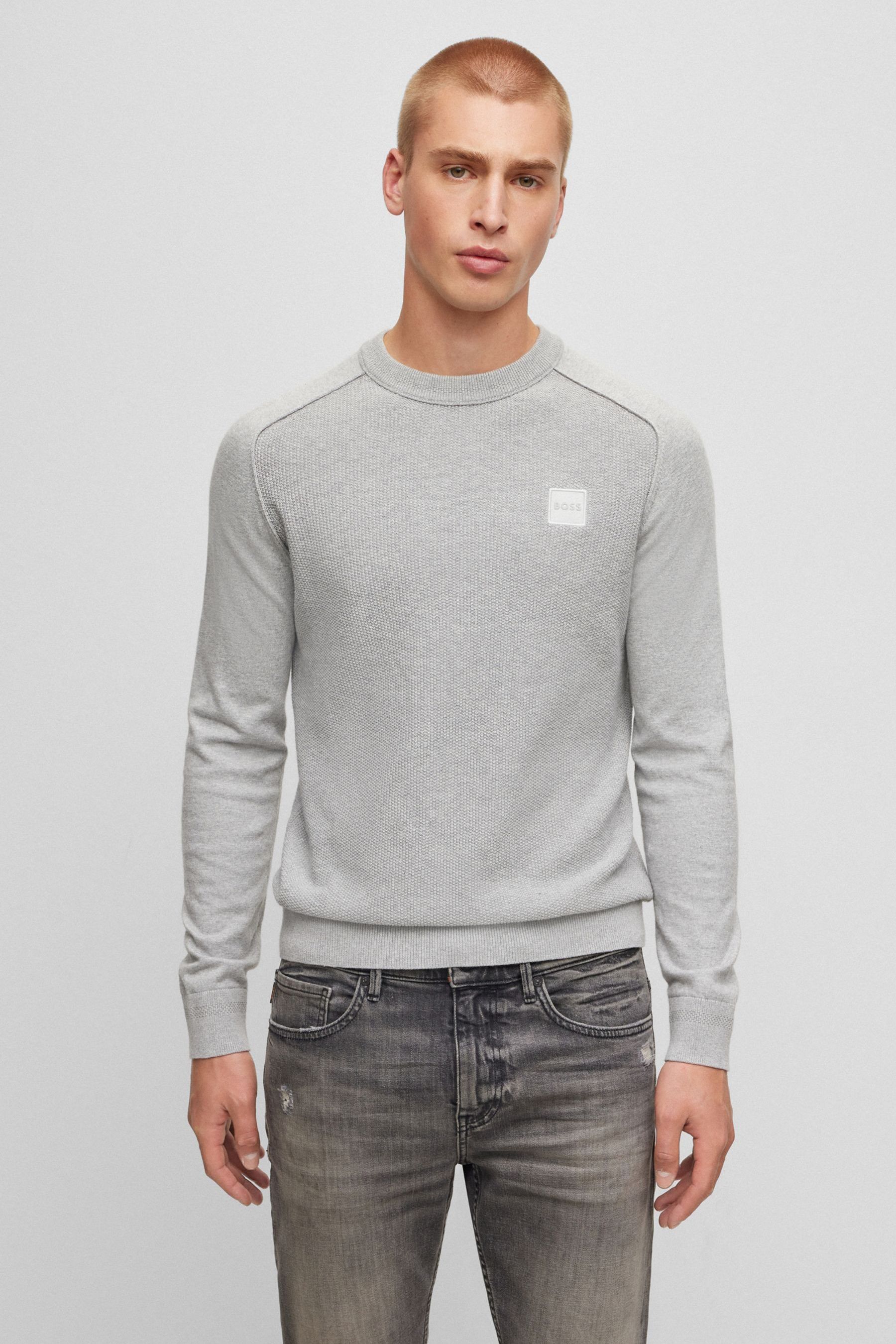 Buy BOSS Grey Textured Cotton Knitted Jumper With Cashmere from