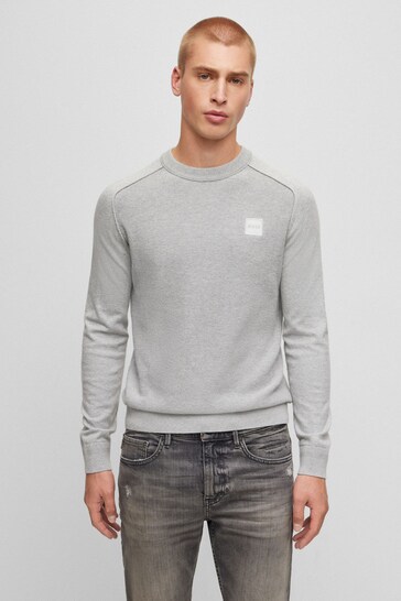 Buy BOSS Grey Textured Cotton Knitted Jumper With Cashmere from the ...