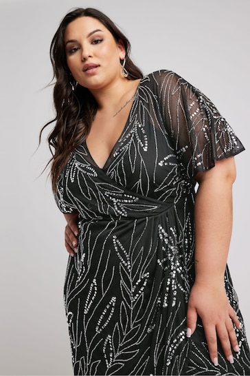 Yours Curve Black Luxe Embellished Wrap Maxi Dress