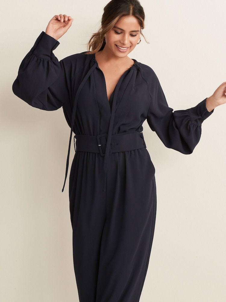Navy Blue Tie Neck Crepe Jumpsuit - Image 2 of 5 Navy Blue Tie Neck Crepe Jumpsuit - Image 2 of 5