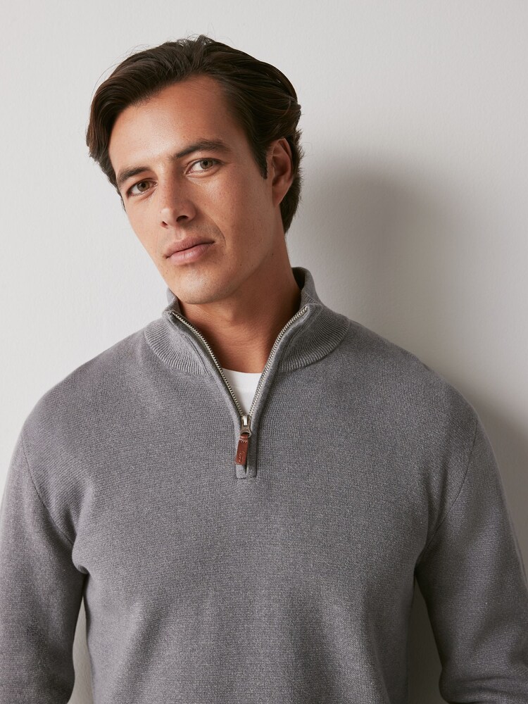 Grey Regular Cotton Premium Zip Neck Jumper - Image 1 of 7