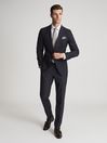 Reiss Navy Swing Wool Blend Checked Slim Fit Trousers