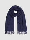 Reiss Navy Picton Oversized Cashmere Blend Fringed Scarf