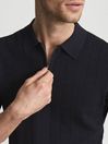 Reiss Navy Groove Half Zip Textured Polo T-shirt