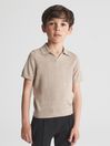Reiss Wheat Melange Duchie Junior Merino Wool Open Collar Polo Shirt