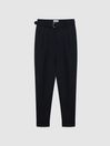 Reiss Navy Crease Linen Belted Tapered Trousers