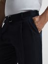 Reiss Navy Crease Linen Belted Tapered Trousers