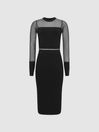 Reiss Black Lyla Knitted Sheer Sleeve Midi Dress
