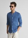 Reiss Cornflower Blue Ocean Linen Grandad Collar Shirt