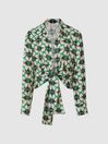 Reiss Green Corinne Print Linen Printed Tie Waist Shirt Blouse