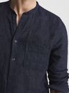 Reiss Navy Ocean Linen Grandad Collar Shirt