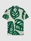 Reiss Green Yung Cuban Collar Monster Leaf Print Shirt