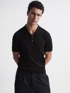 Reiss Black Moore Merino Wool Revere Collar Polo T-Shirt