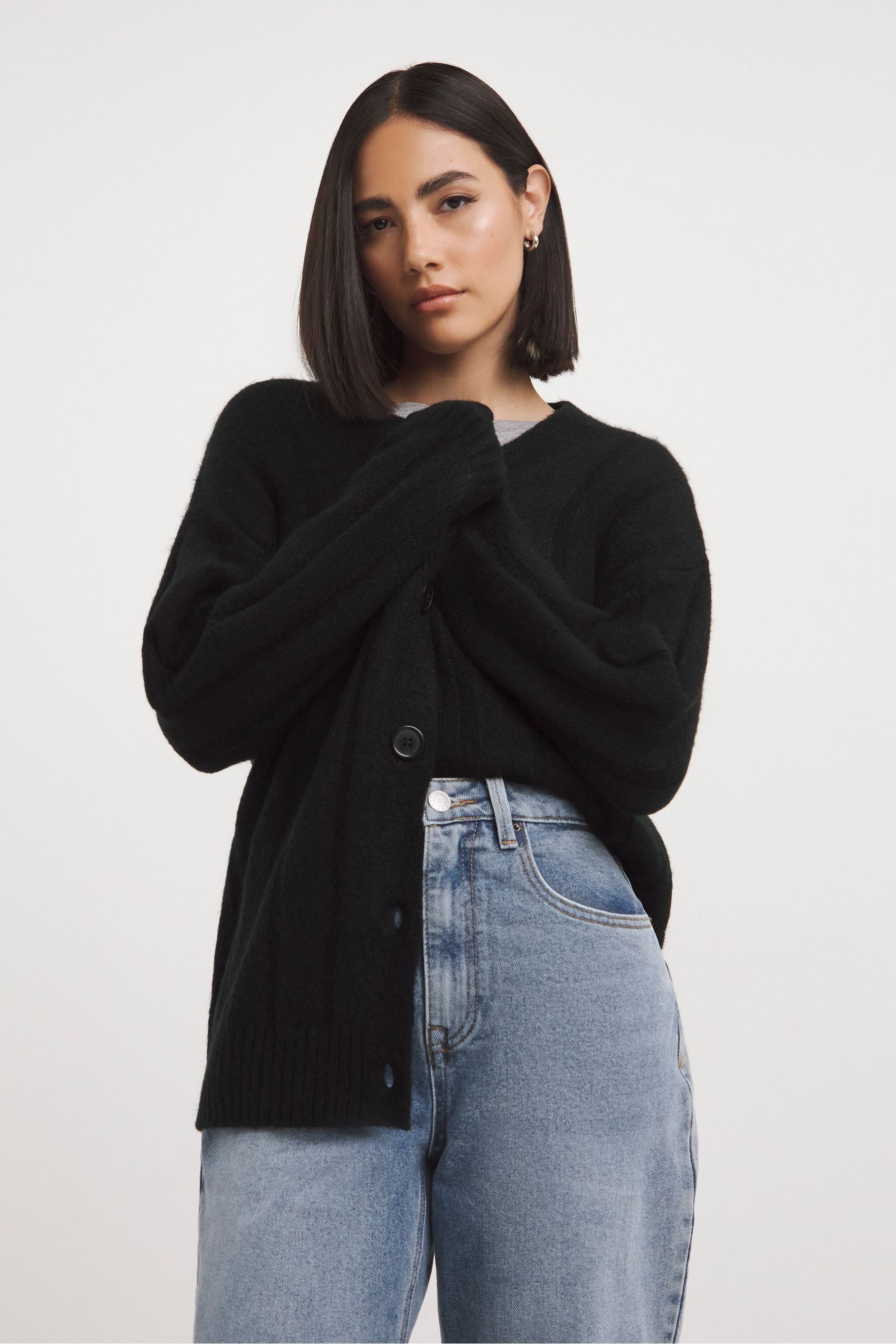 Simply Be Ribbed V Neck Black Cardigan