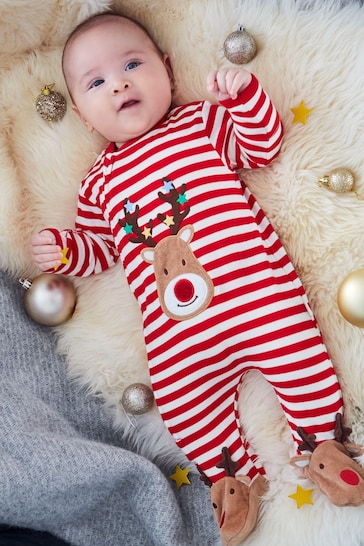 JoJo Maman Bébé Red Stripe Reindeer Appliqué Cotton Baby Sleepsuit