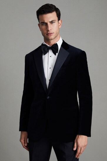 Reiss Navy Ace Modern Fit Velvet Single Breasted Tuxedo Jacket