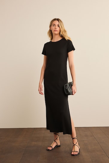 Black Ribbed T-Shirt Core Style Maxi Column Dress With Slit Detail