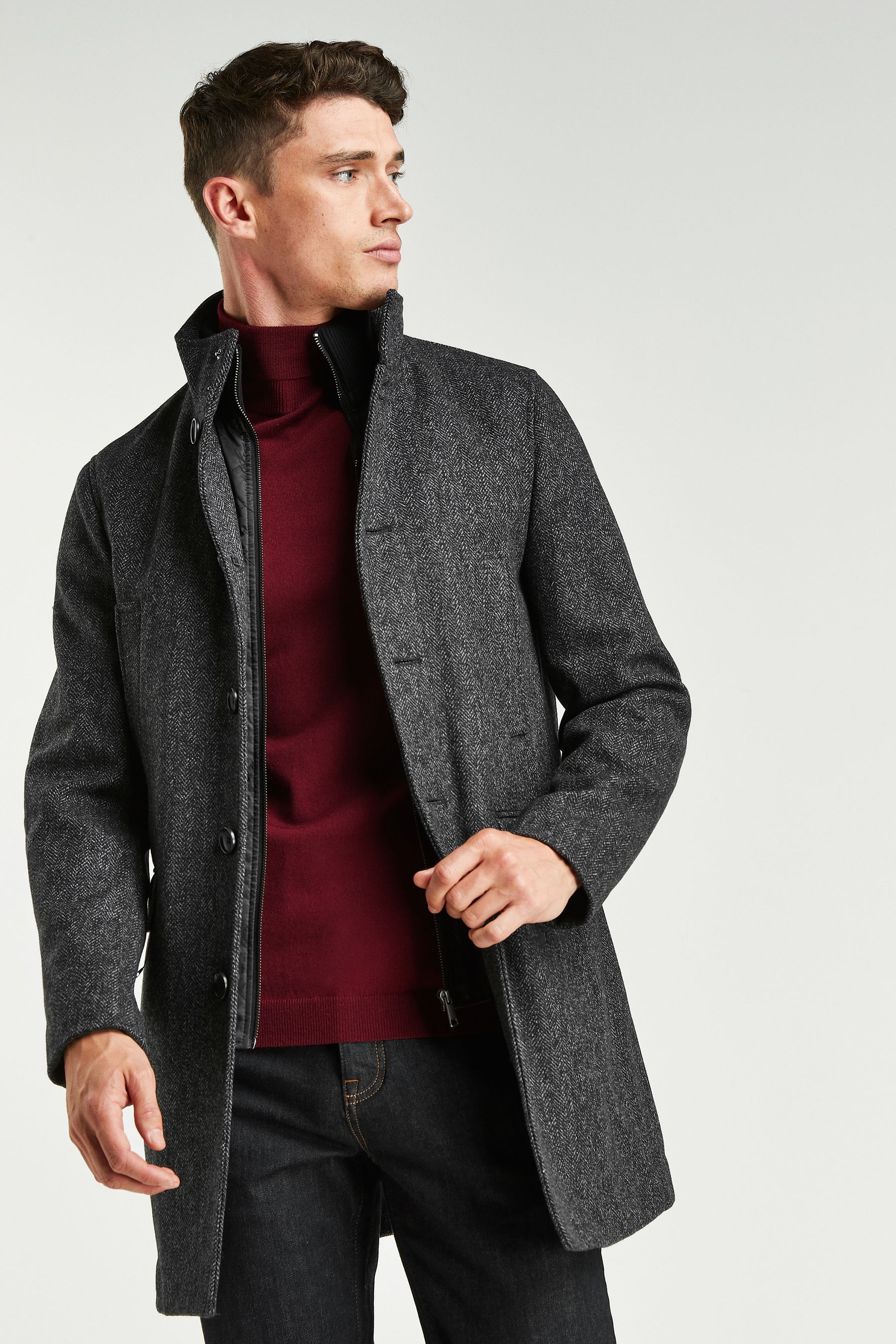 Buy Charcoal Grey Herringbone Funnel Neck Coat With Built In Gilet