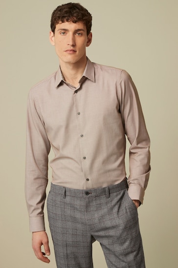 Neutral Brown Slim Fit Textured Trimmed Single Cuff Shirt