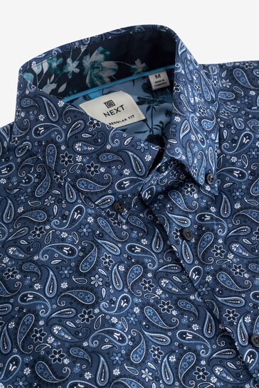 Navy Blue Paisley Regular Fit Short Sleeve Printed Trimmed Shirt